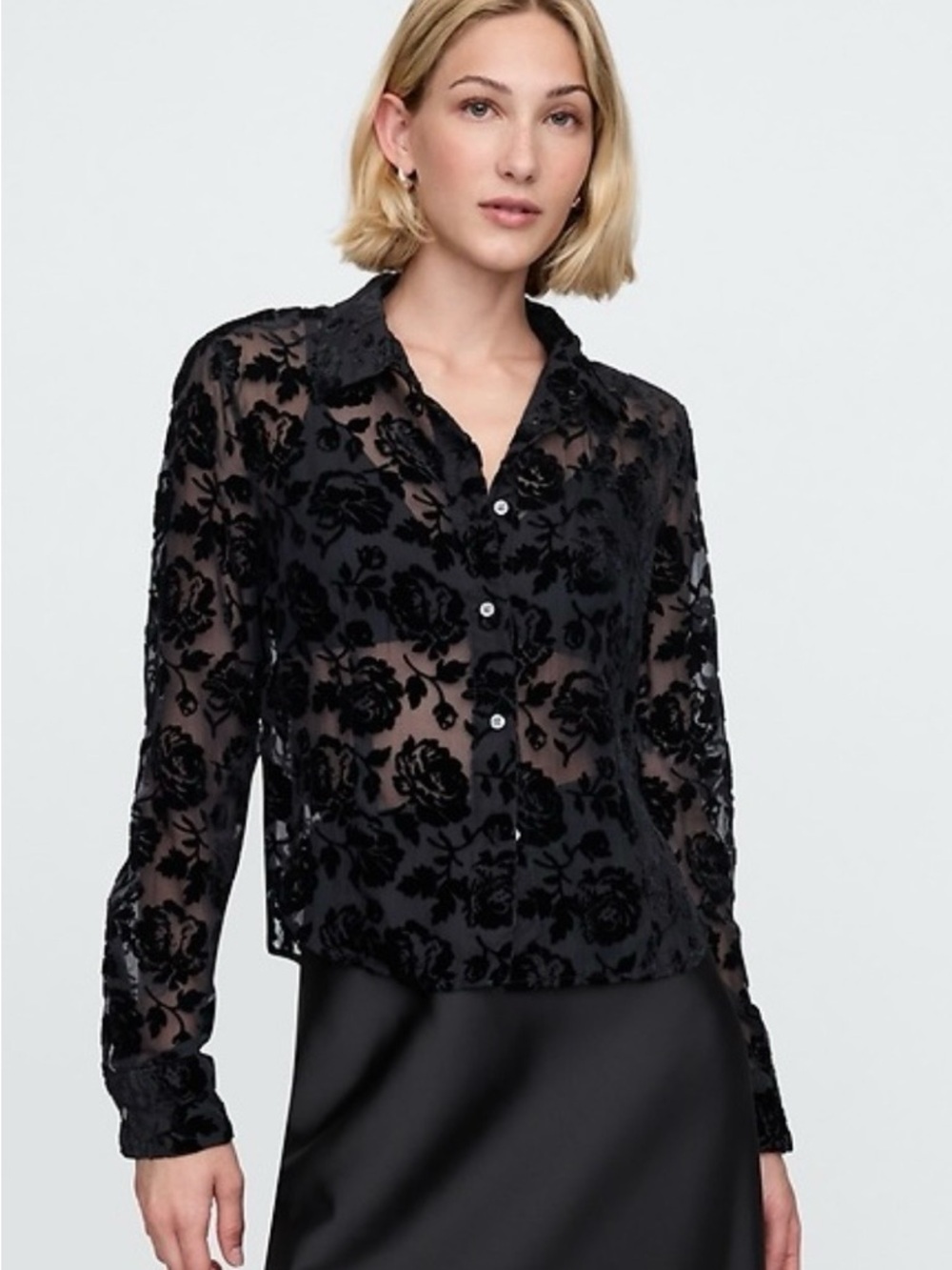 GAP Black Sheer Floral Button-Down Shirt Sz M - Picture 1 of 7